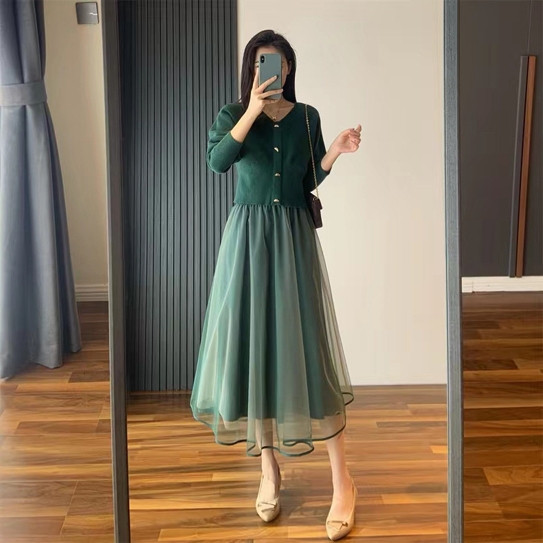 日系春季甜美网纱吊带裙+针织复古衫千金感气质中长款连衣裙套装