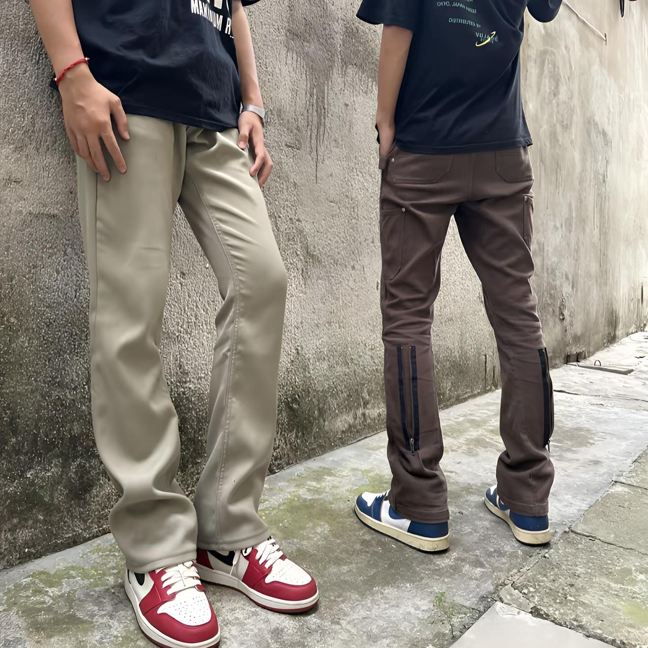 俊杰Vujade微喇叭伐木后拉链工装长裤vibe黑棕色kenijima同款男女