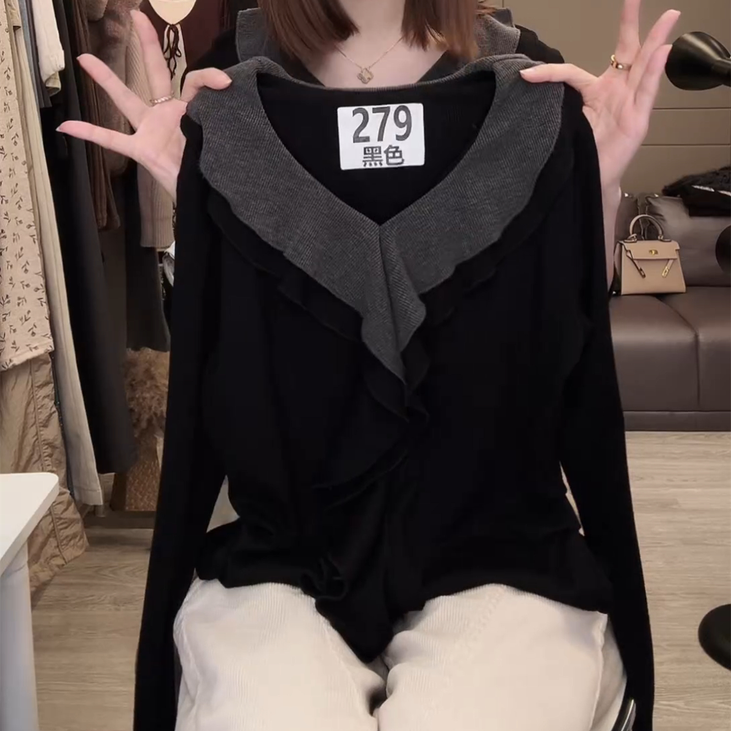 2025新款 荷叶边翻领气质长袖T恤女时尚修身显瘦百搭上衣