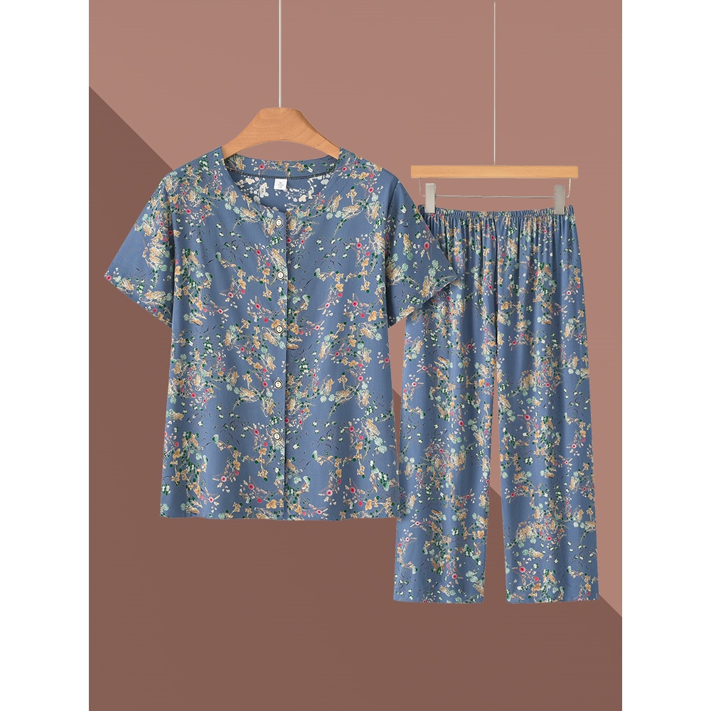 恒源祥彩羊奶奶夏装两件套大码中老年人棉绸睡衣老上衣妈妈短袖套