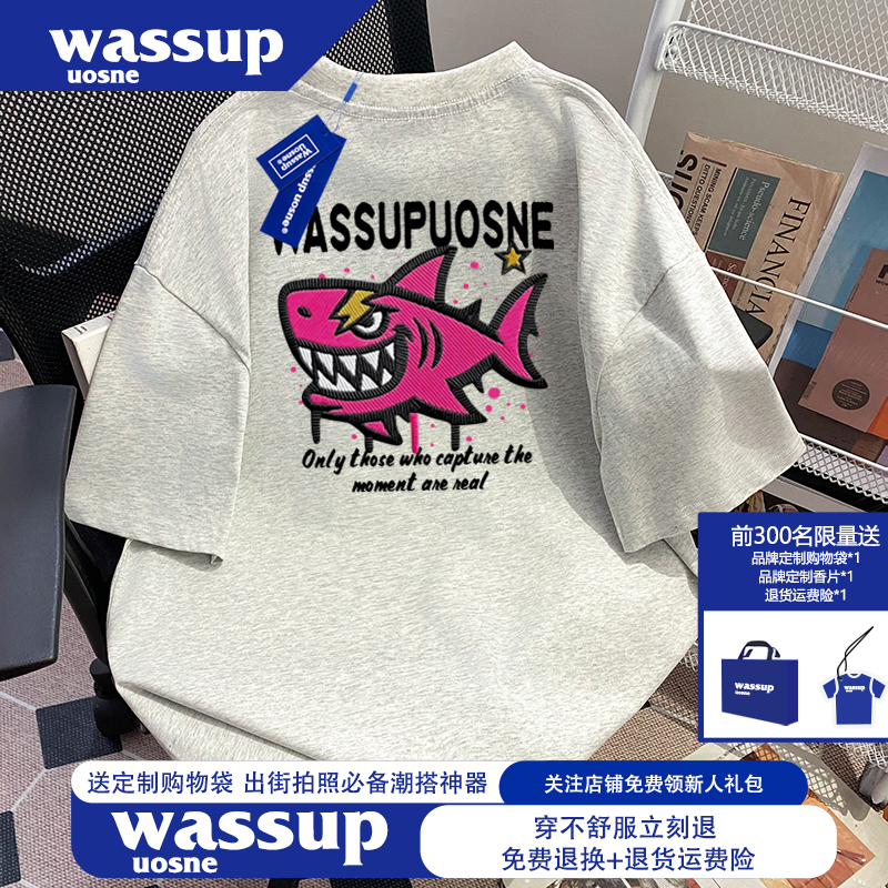 WASSUP UOSNE美式潮牌纯棉鲨鱼短袖夏季重磅男士休闲宽松t恤情侣