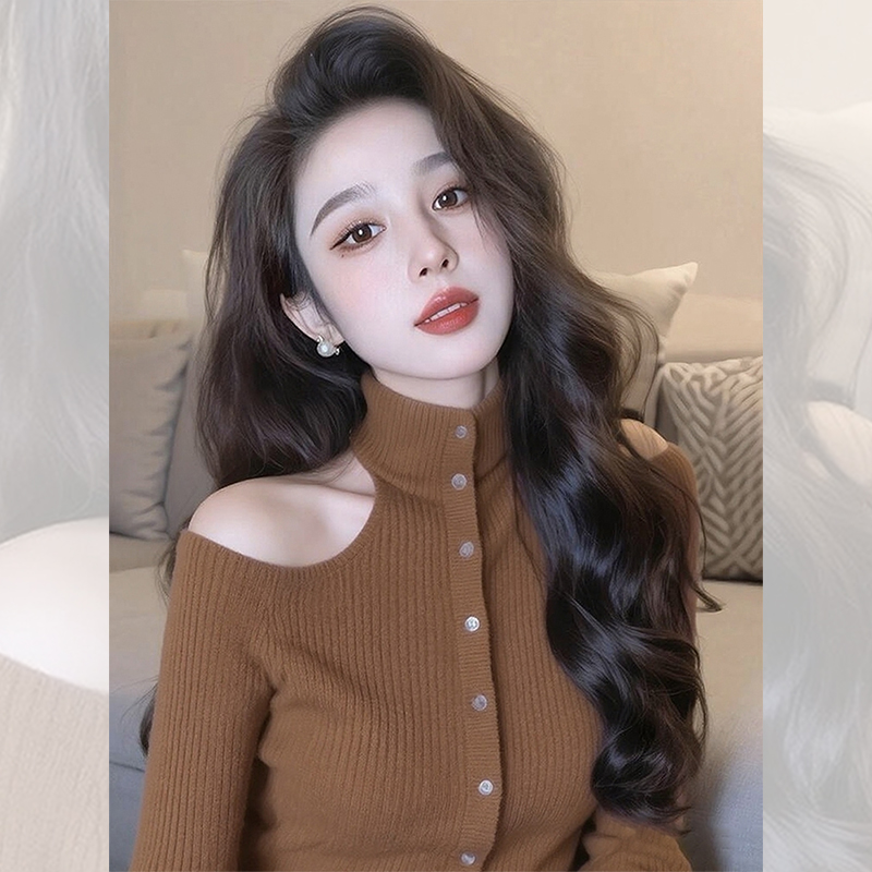 独特漂亮咖色内搭露肩小衫女装韩系秋冬季内搭针织衫洋气高贵上衣