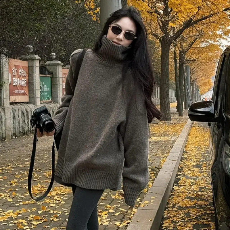 绒探长2025新款高领针织衫女100%羊毛马鞍肩上衣中长款遮屁股毛衣