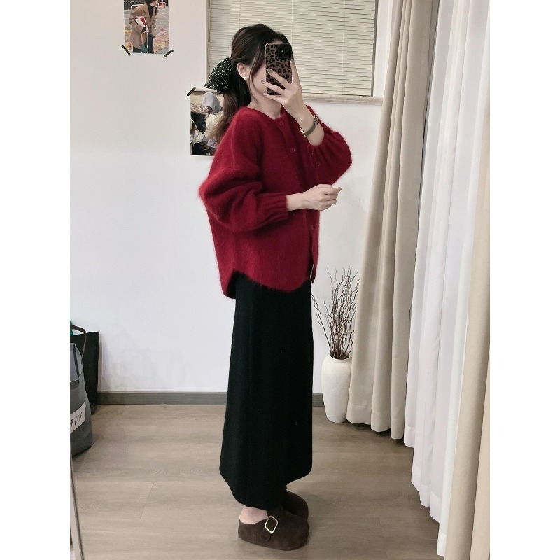 韩系一整套深冬穿搭高级感小香风新年圣诞红色毛衣半身裙子套装女