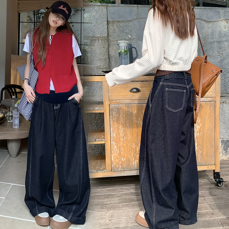 孕妇阔腿裤单宁蓝2025新款春秋季宽松托腹垂感拖地牛仔裤休闲长裤