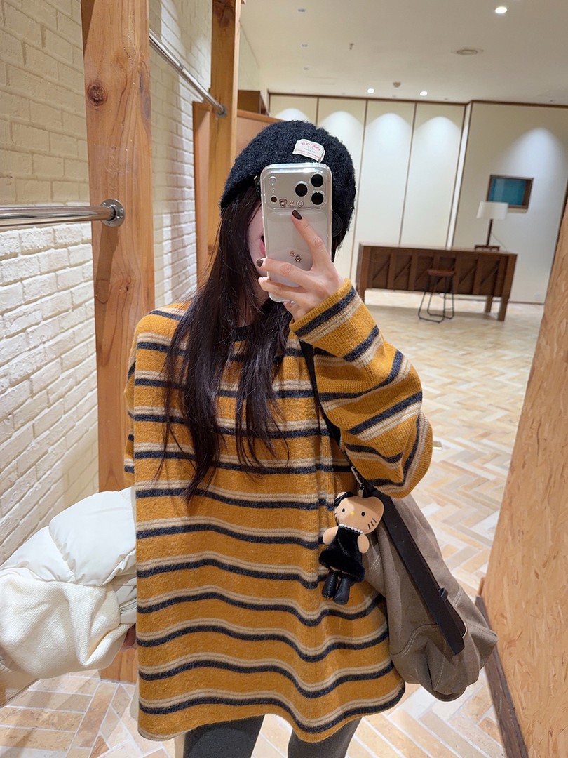 韩系秋冬保暖加厚奥利奥毛绒长袖女宽松显瘦中长款条纹上衣打底衫