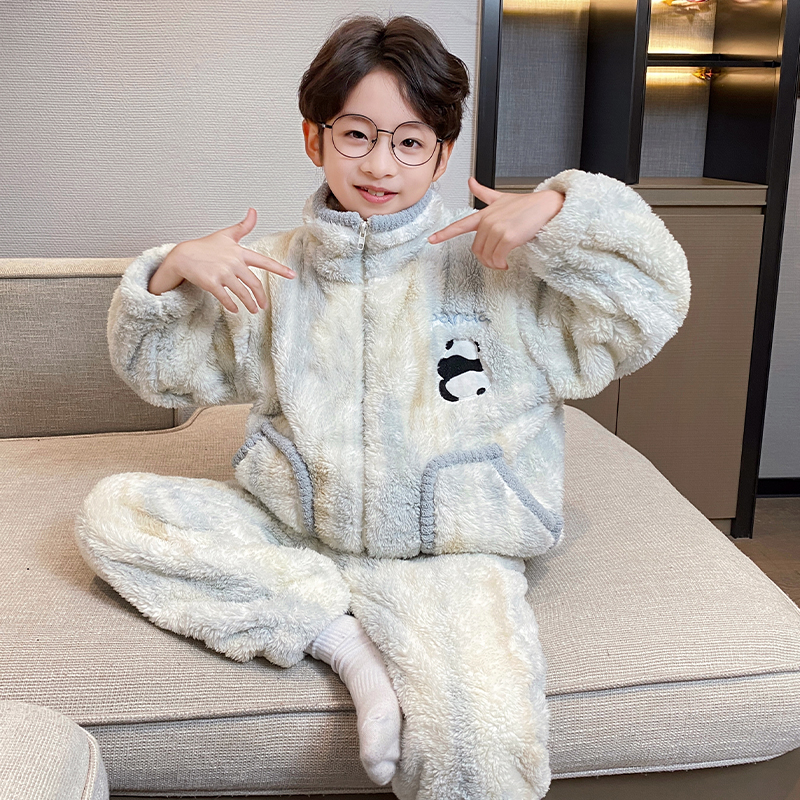 儿童珊瑚绒睡衣冬季男童新款法兰绒加绒加厚男孩6-12岁家居服套装