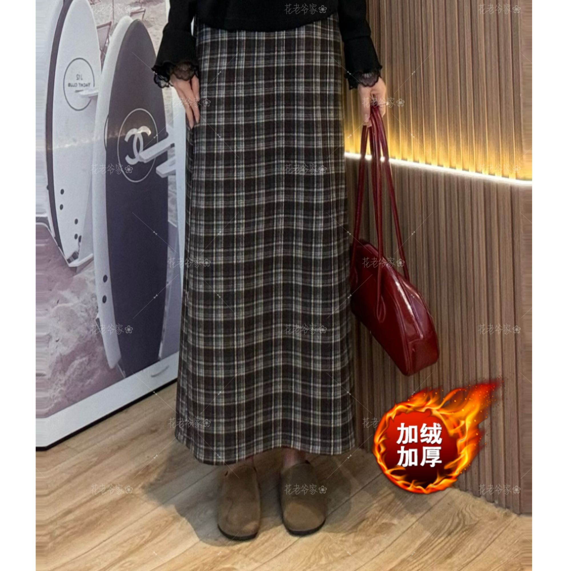 【仅半身裙】花老爷微胖大码女装暖系格子松紧半身裙HLY3750