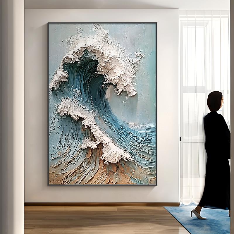 海浪油画《风生水起》网红大芬村玄关入户门肌理挂画