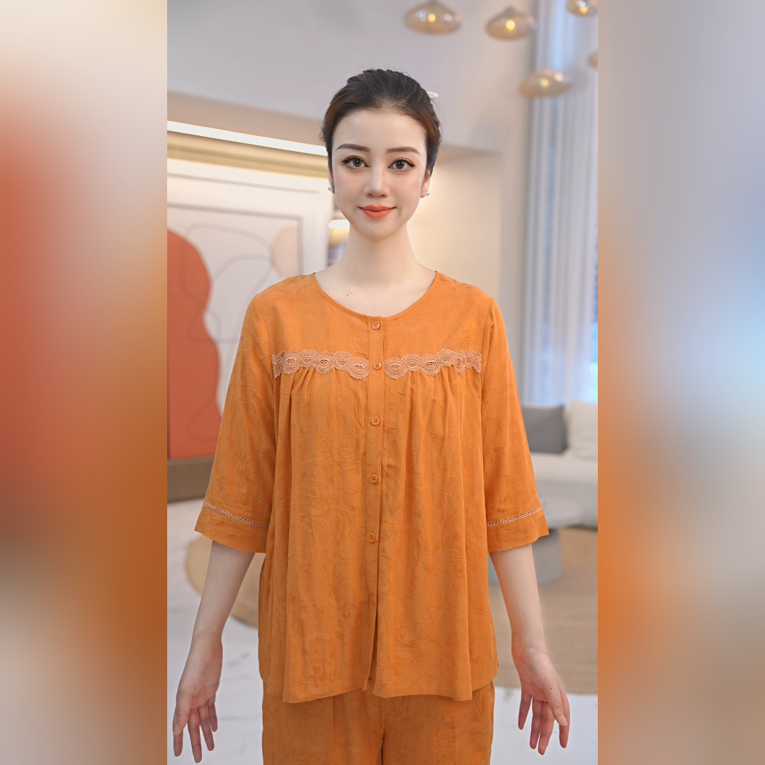 秋鹿睡衣夏季女丝滑棉印花圆领暗纹提花梭织透气七分袖九分裤女套