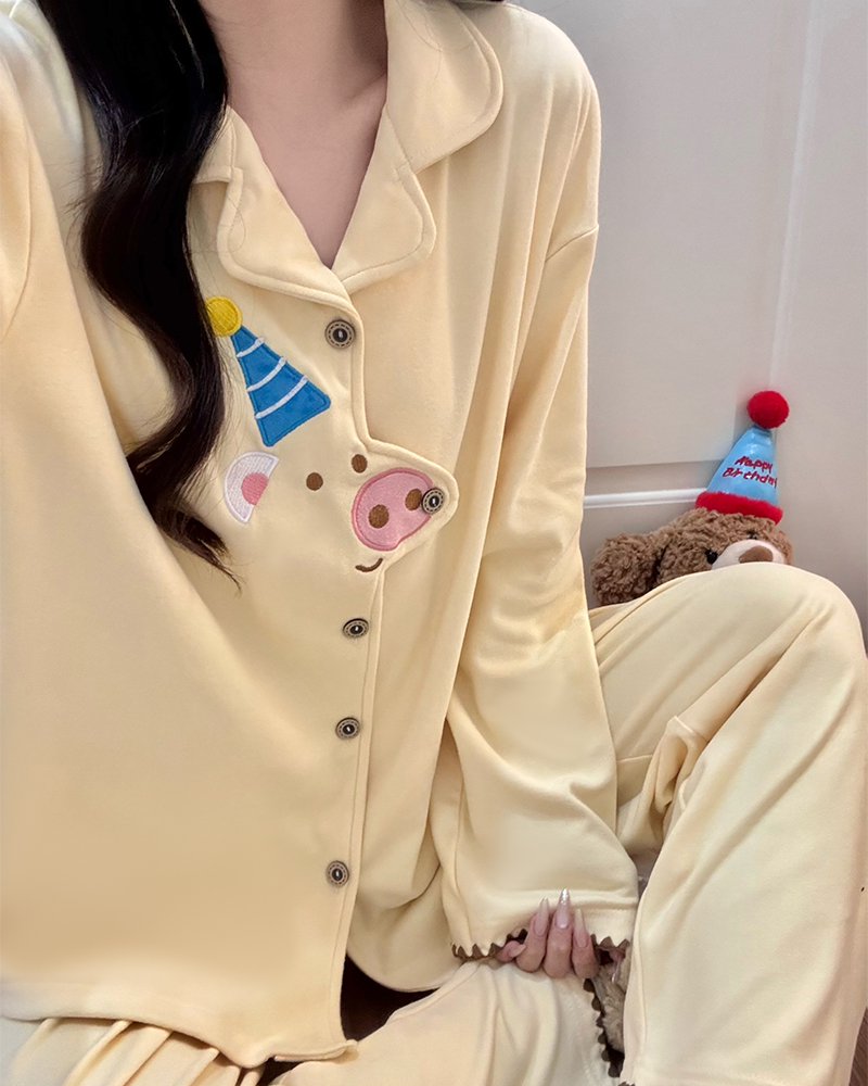 睡衣女德绒秋冬季长袖翻领开衫套装加厚保暖简约卡通家居服可外穿