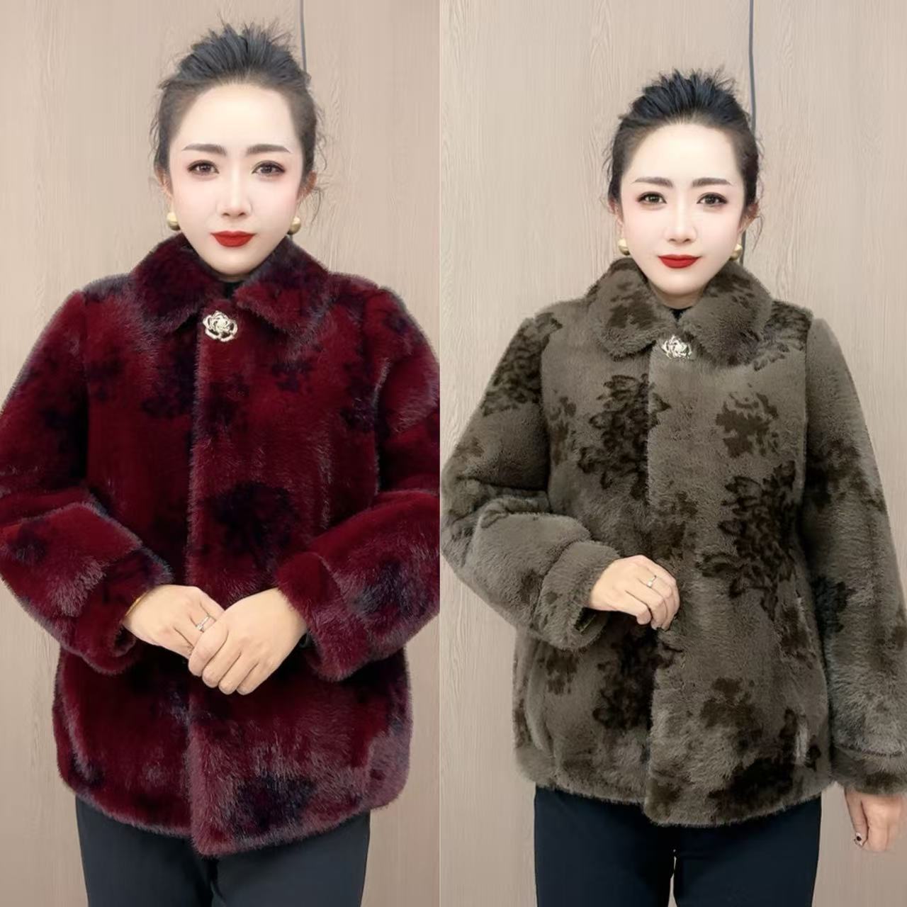 38仿皮毛一体翻领大花短款直筒加厚长袖妈妈装冬季精品外套（C）