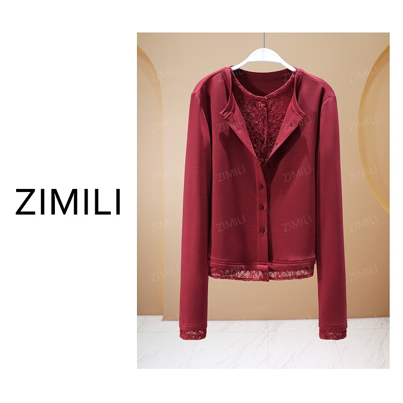 【亮哥女装】2025秋冬新品《绣梦系列》酒红色假两件开衫上衣26007-A8