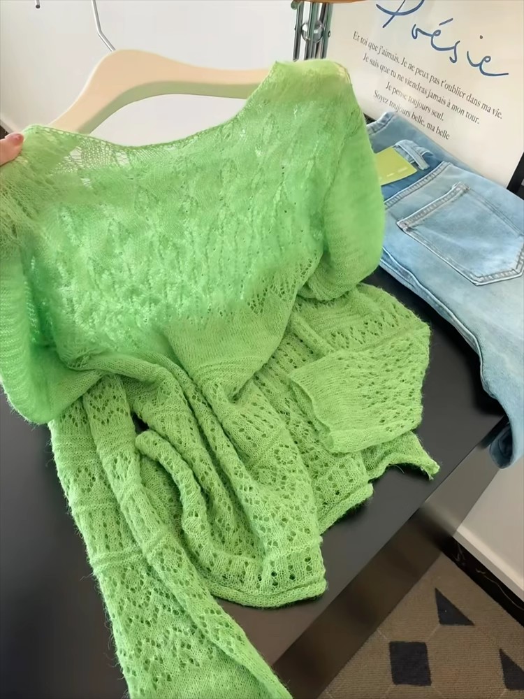 2025早秋温柔小清新绿色镂空钩花针织衫女早秋新款宽松小个子上衣