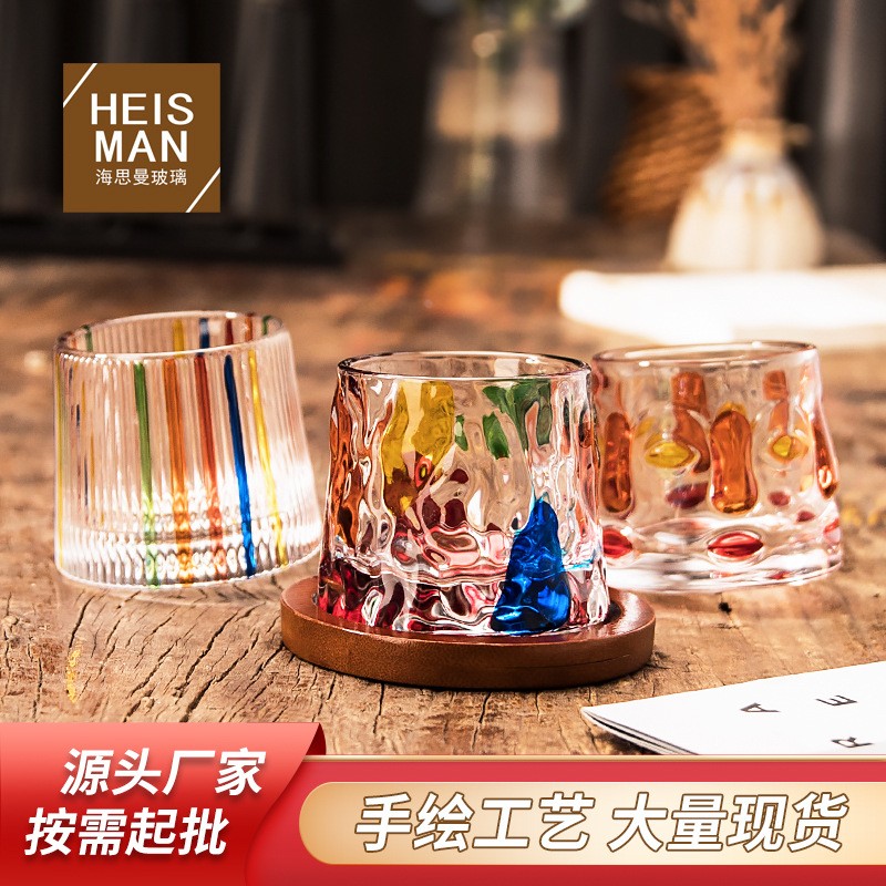 创意带底座旋转玻璃杯人工手绘威士忌杯酒吧解压洋酒杯转转杯批发