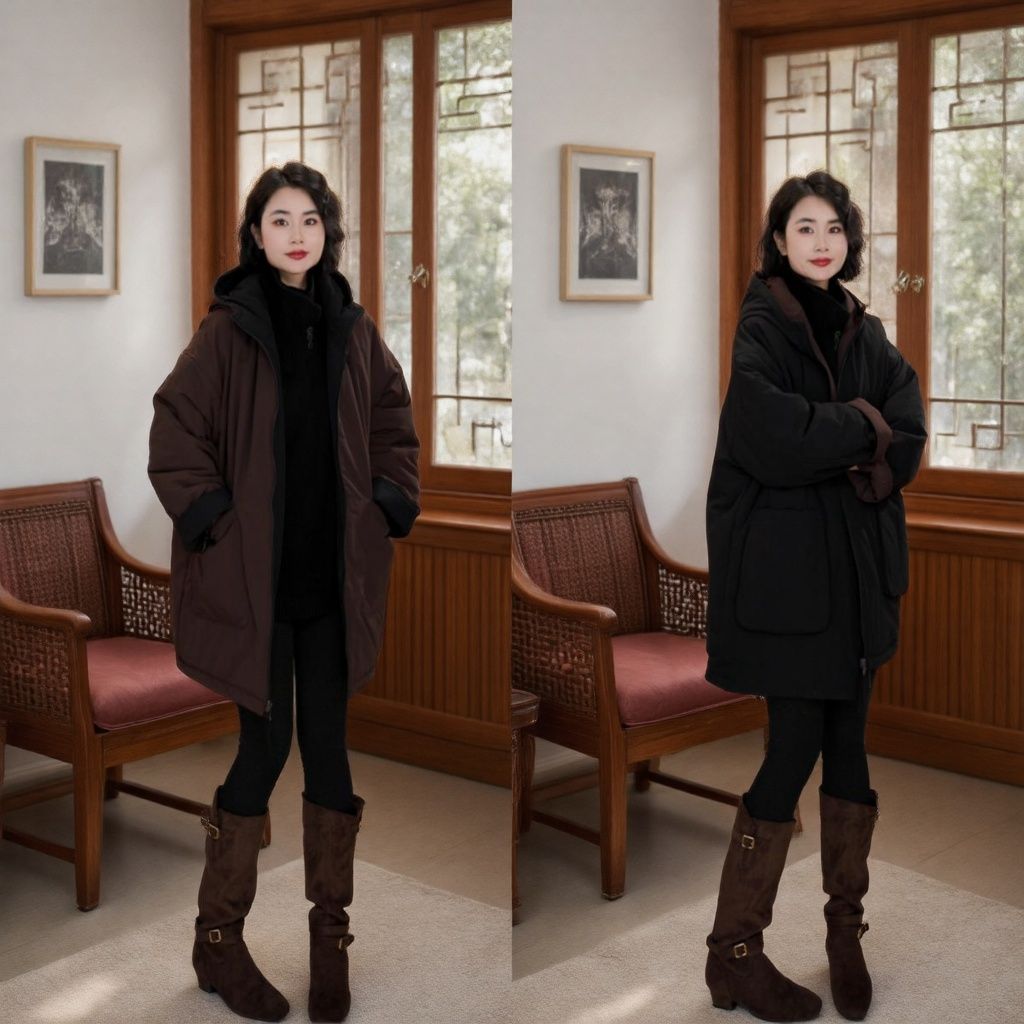 孜禾冬季正反两穿连帽棉衣显瘦减龄宽松百搭中长款女士外套保暖