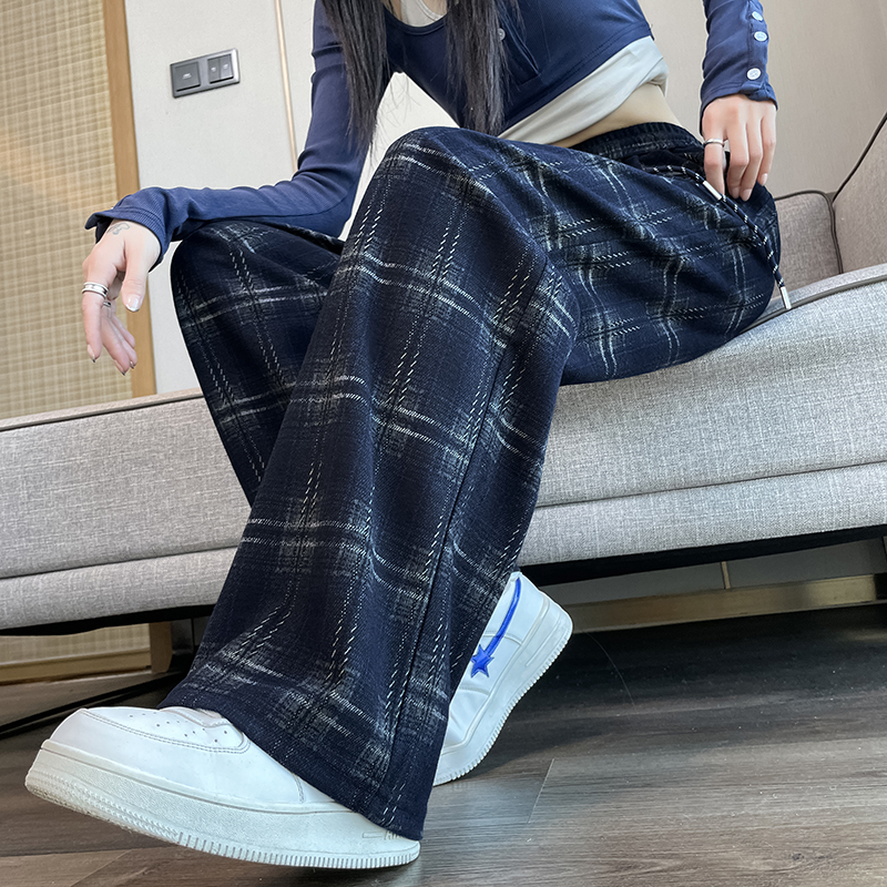 格子阔腿裤女春秋高腰垂感休闲大码小个子窄版宽松香蕉运动直筒裤
