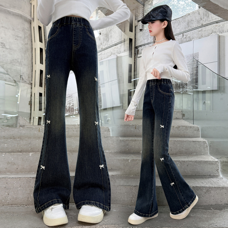 女童牛仔裤春秋装新款洋气儿童弹力显瘦喇叭裤中大童高腰修身裤子