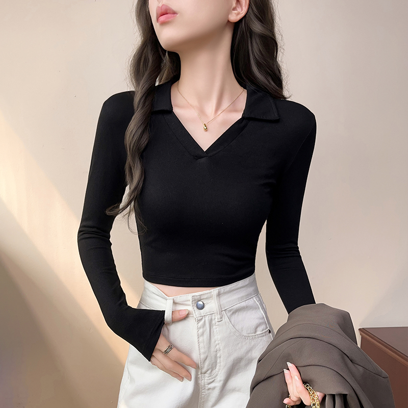 黑色v领polo短款t恤女2025纯欲风韩版长袖修身显瘦打底衫翻领上衣