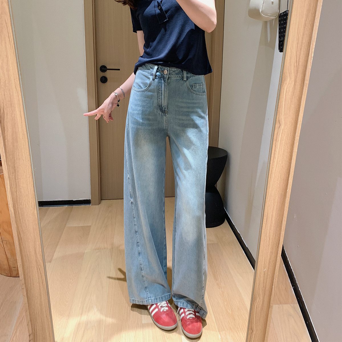 立体斜裁双裤缝直筒牛仔裤女夏季薄款梨形身材高腰显瘦窄版阔腿裤