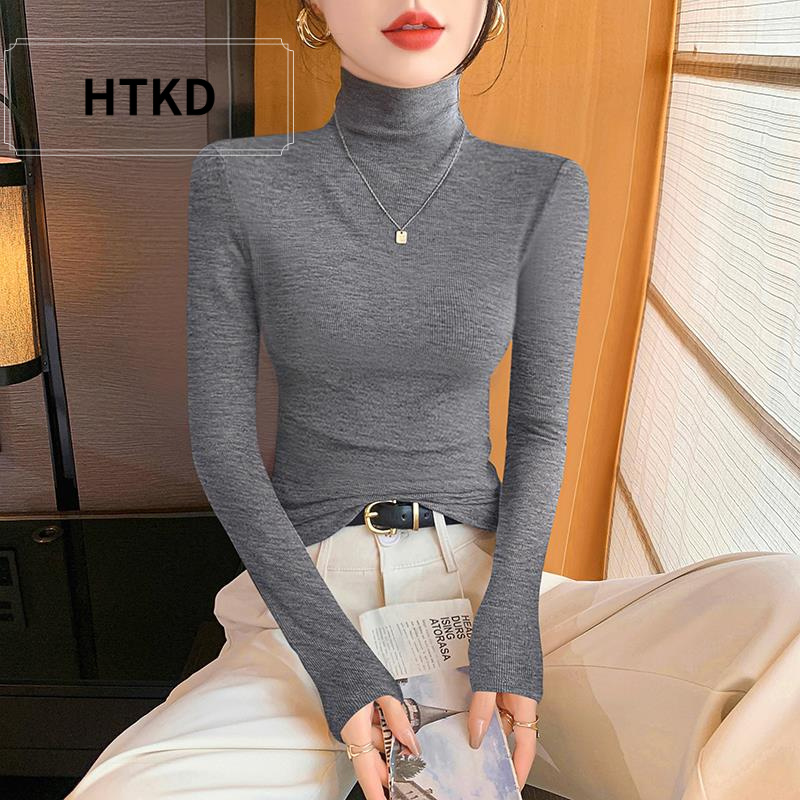 HTKD高领打底衫女2025新款秋冬内搭修身黑色针织长袖螺纹亲肤磨毛