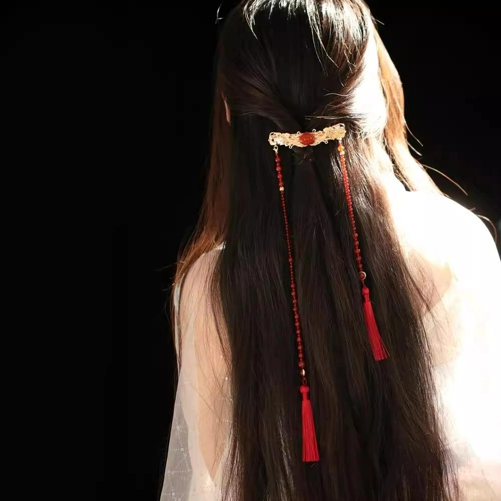 春日宴 中式红色流苏束发夹 国风覆古马面裙弹簧夹配饰汉服战国袍