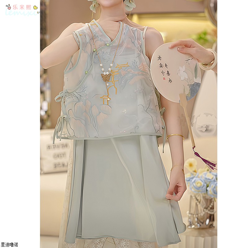 女童国风刺绣旗袍裙2025夏季亮片新中式无袖吊带连衣裙两件套汉服