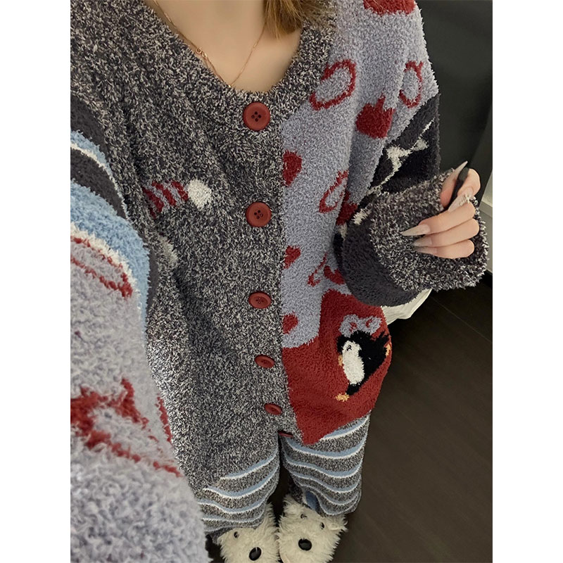 慵懒风针织开衫半边绒睡衣女款秋冬新款大码保暖家居服套装可外穿