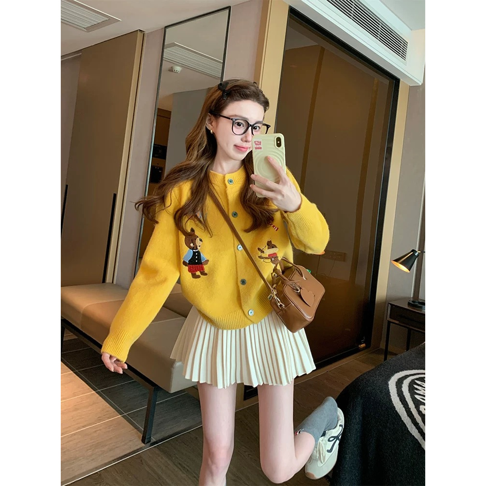 韩系温柔入秋衣服开衫毛衣秋季2025新款宽松针织衫高腰百褶裙套装