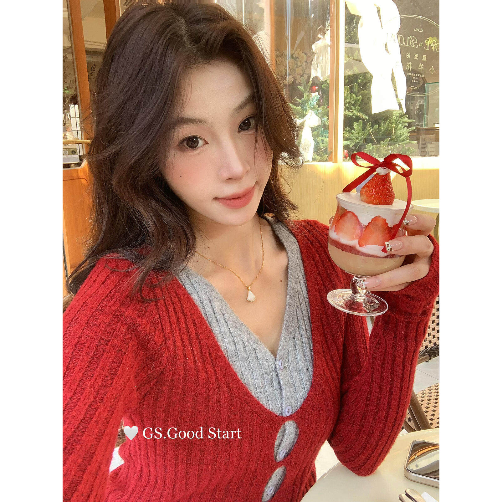 美拉德纯欲甜辣妹修身显瘦针织衫秋冬新款复古洋气假两件V领毛衣