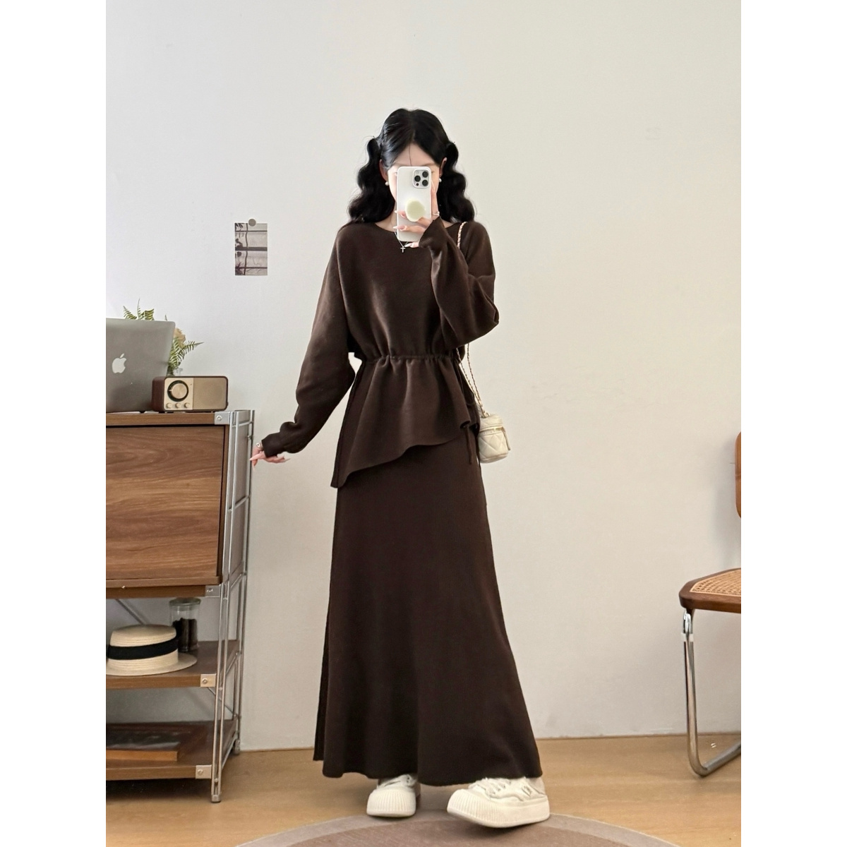 大码女装胖mm秋冬新款抽绳收腰不规则毛衣半身裙遮肉显瘦两件套装