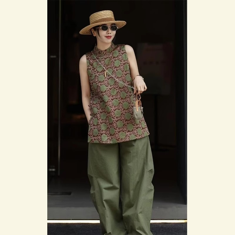 2025新款夏日绝美穿搭新中式国风宽松绿色马甲上衣阔腿裤两件套装