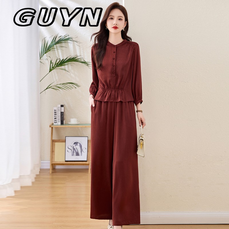 GUYN红色时尚套装女2025春秋新款洋派休闲气质减龄阔腿裤两件套