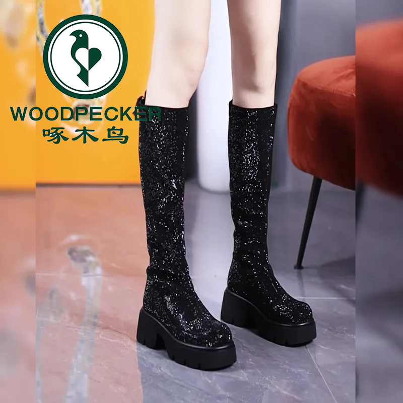 啄木鸟厚底后拉链长靴满钻2025年秋冬新款粗跟显瘦不过膝时装靴