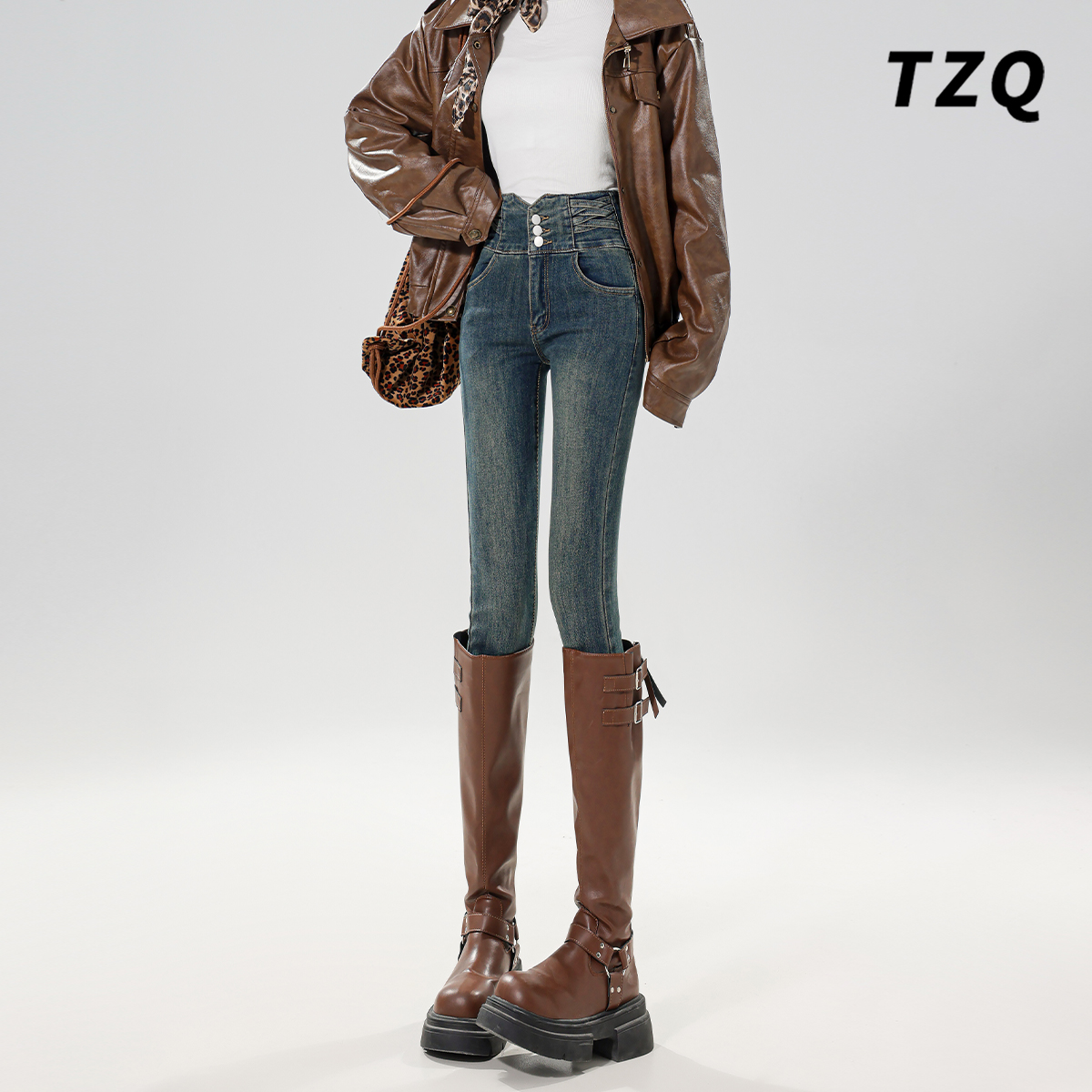 水泥灰紧身小脚牛仔裤女款2025秋季新款加绒高腰显瘦弹力铅笔裤子