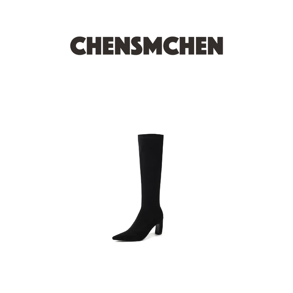 CHENSMCHEN 时尚通勤黑色绒面尖头侧拉链长筒百搭气质女靴8020