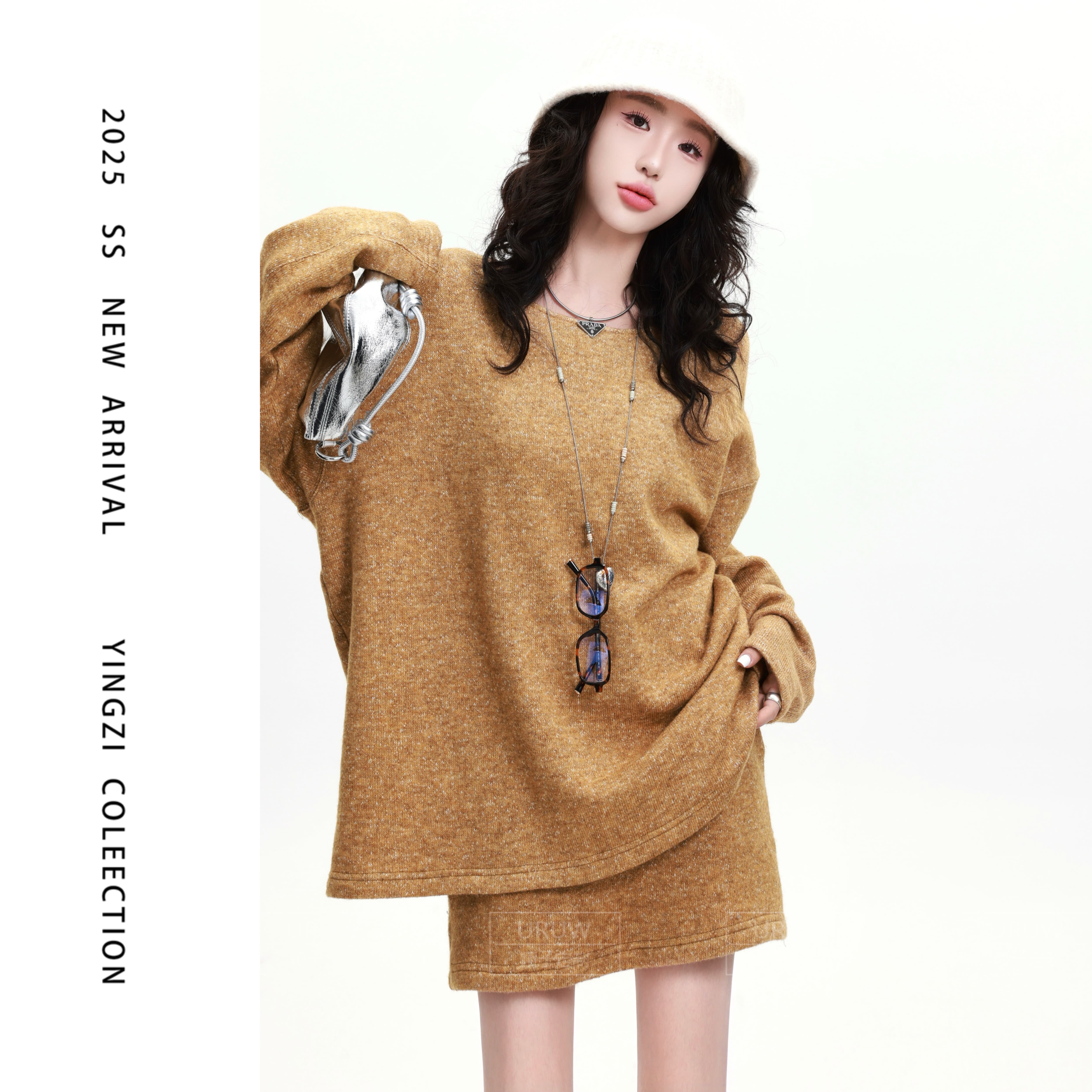 颖子定制【海底星空】休闲慵懒风圆领羊毛上衣宽松显瘦A字裙 9825