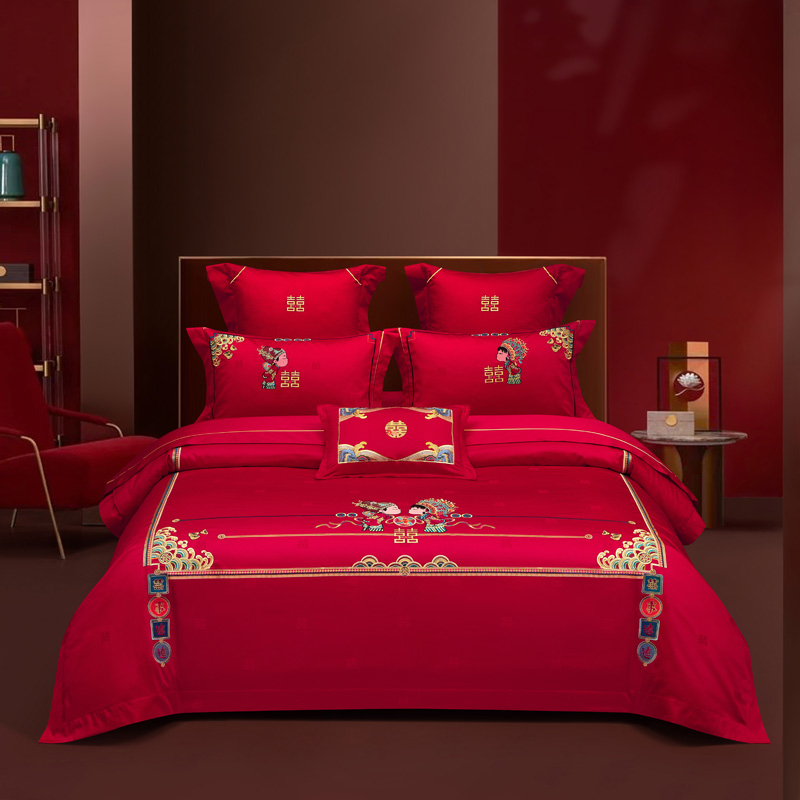 全棉纯棉婚庆结婚大红提花绣花四件套中式被套床单家纺喜庆