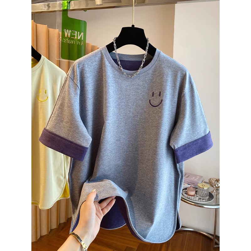 大码240斤撞色刺绣笑脸t恤女短袖2025夏新款胖MM宽松休闲半袖上衣