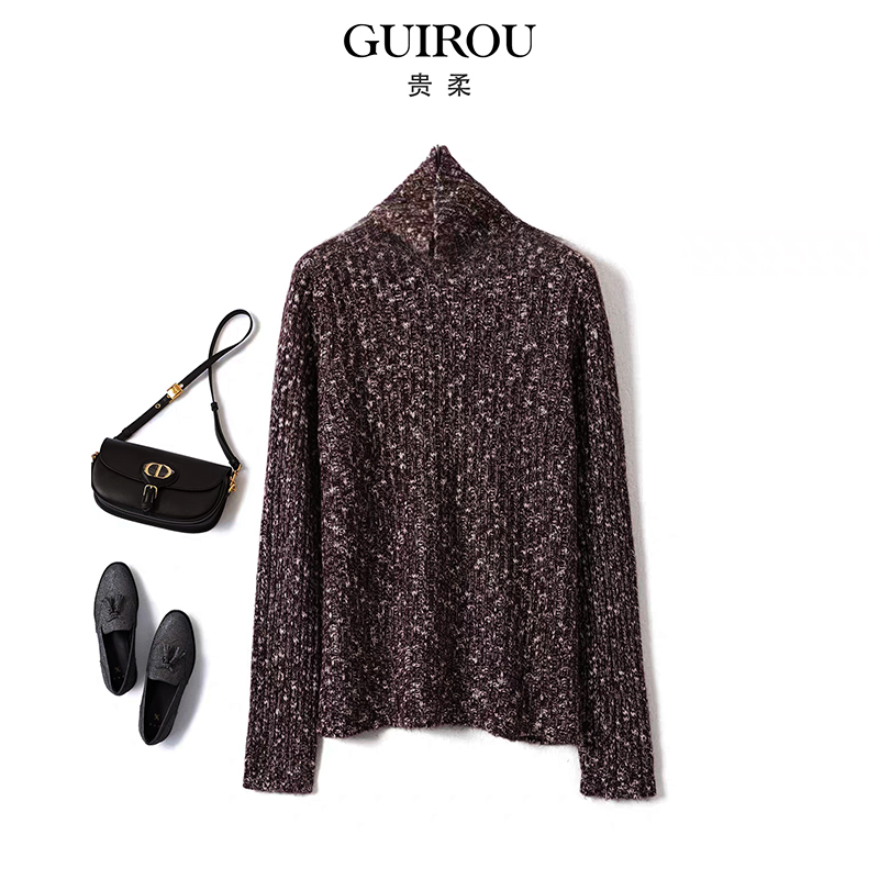 【绵羊毛+山羊绒】羊绒花纱堆堆领坑条显瘦针织打底衫上衣软糯毛衣