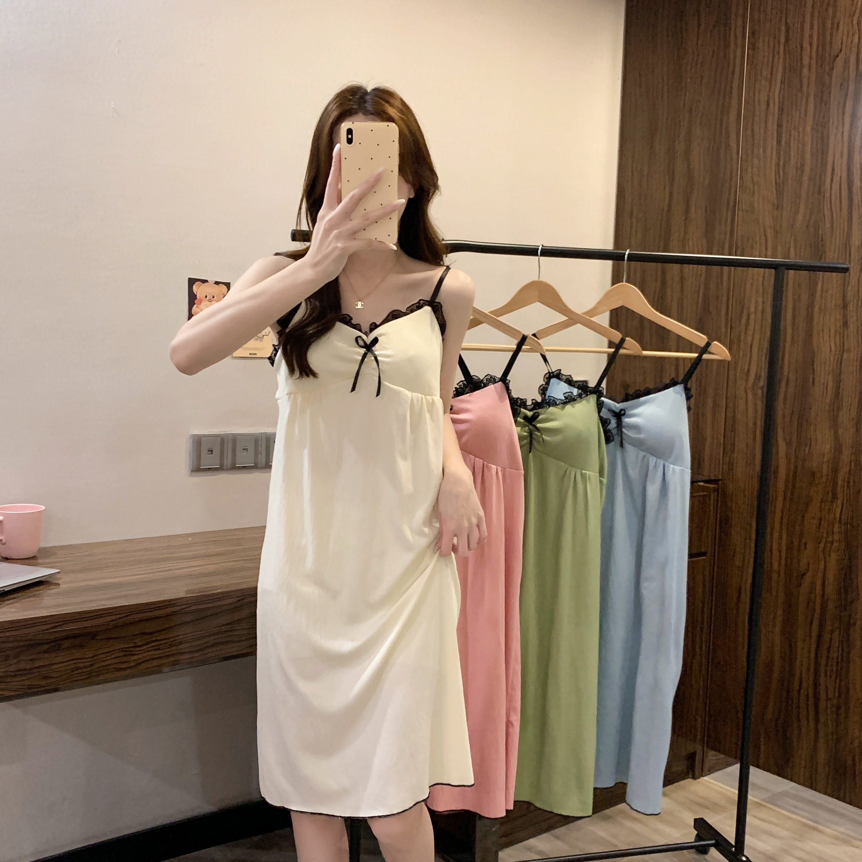 薄款吊带睡裙女夏季带胸垫大码女士学生花边甜美家居服睡衣裙夏天