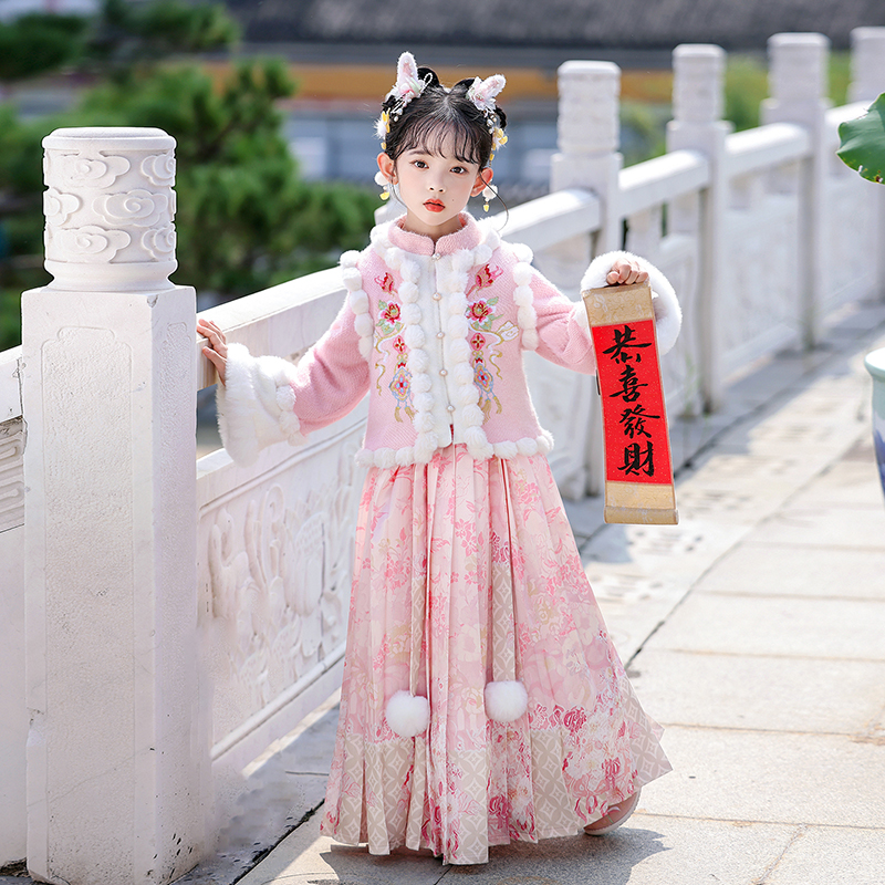 99600女童汉服古风襦裙冬加绒保暖拜年服套装中国风女孩连衣裙子