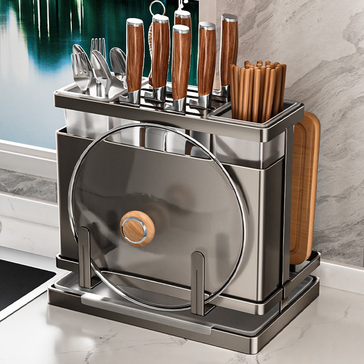 304不锈钢厨房刀架筷子筒置物架 多功能刀具砧板架一体沥水收纳架