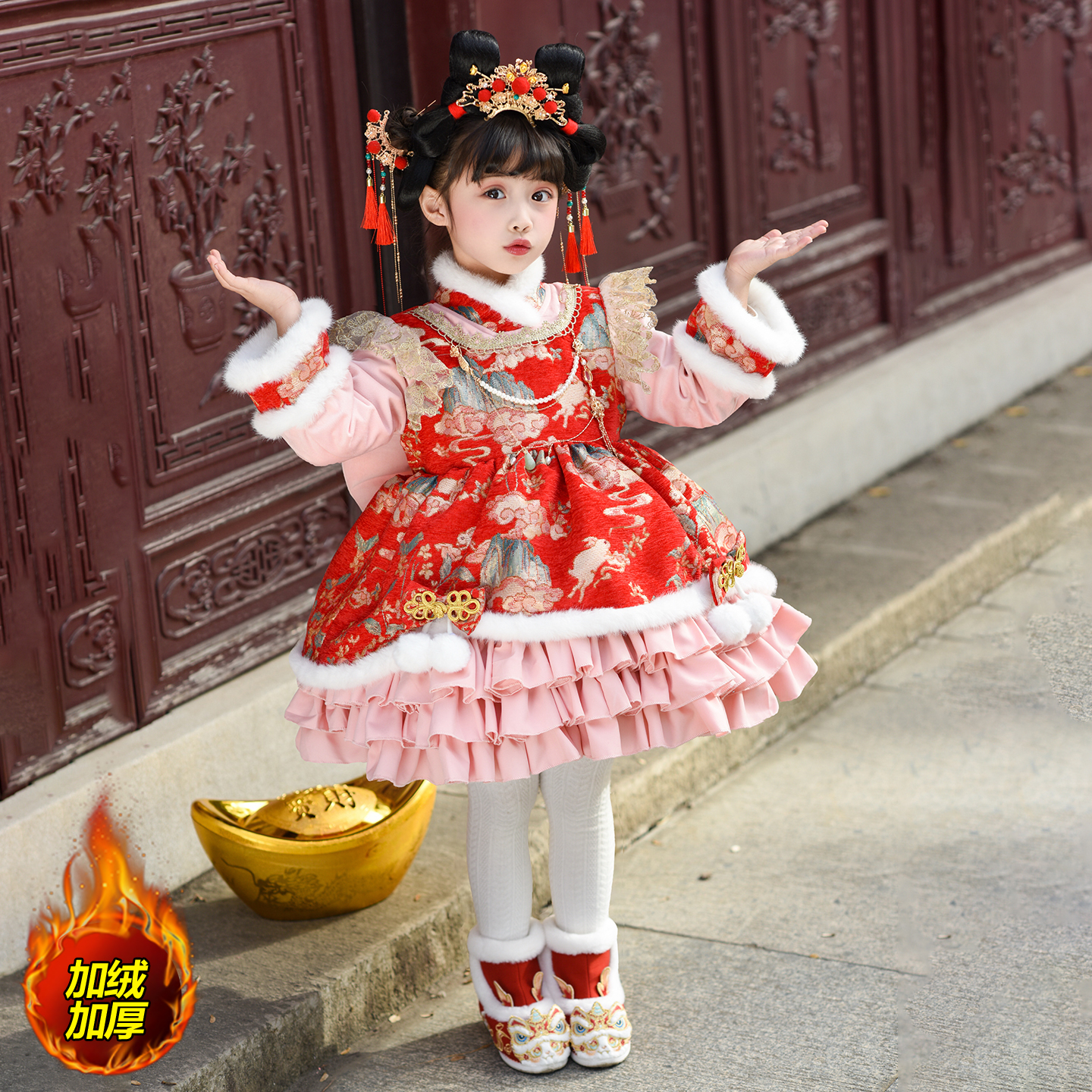 女童洛丽塔公主裙加绒中国风儿童女宝宝生日连衣裙过年拜年服冬季