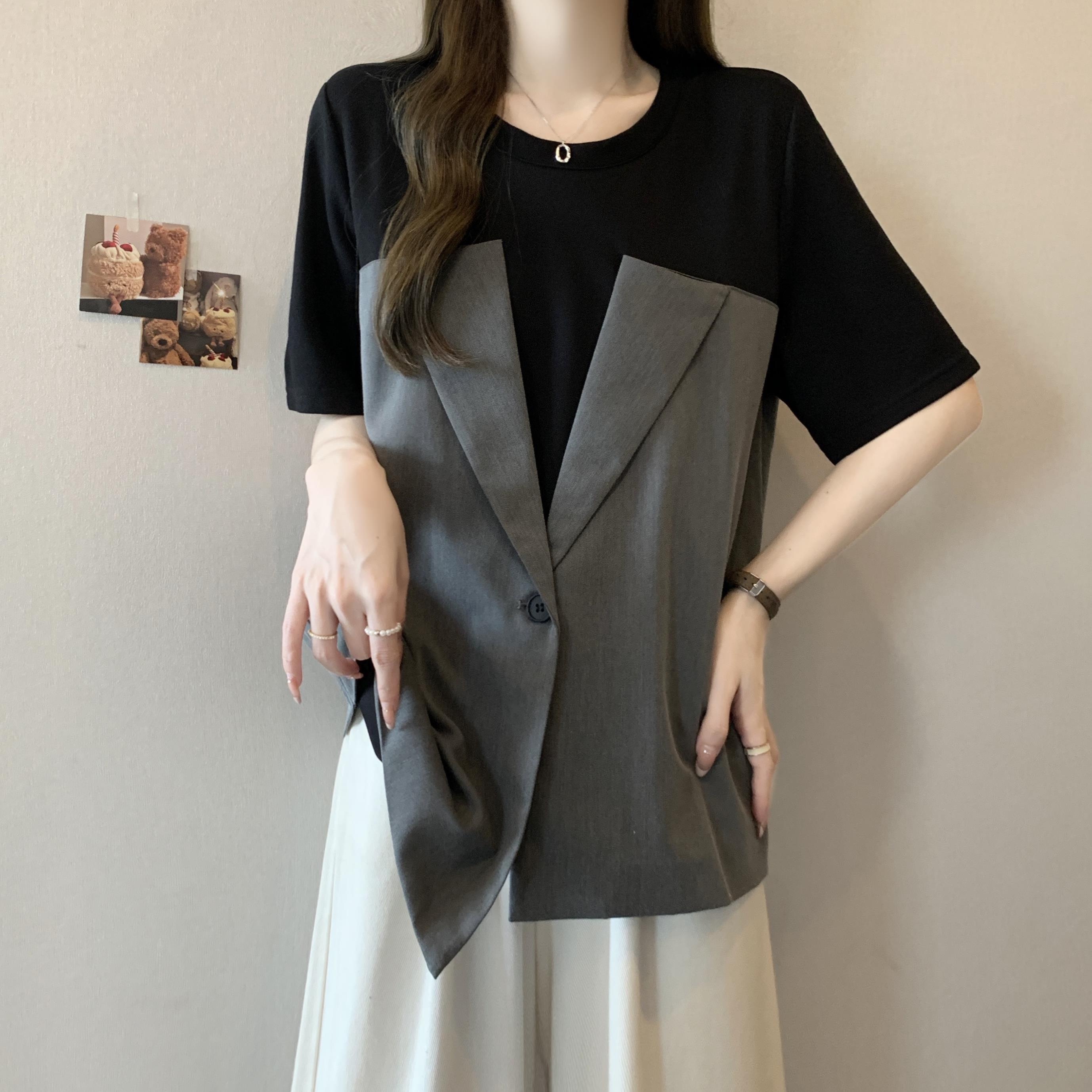 假两件西装拼接短袖T恤女夏款大码胖mm显瘦遮肚不规则高级感上衣