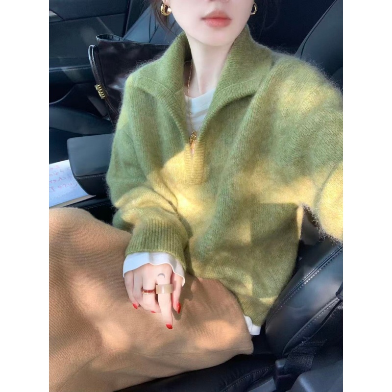 2025秋冬新款韩系牛油果绿慵懒风翻领宽松软糯毛衣百搭半身裙套装