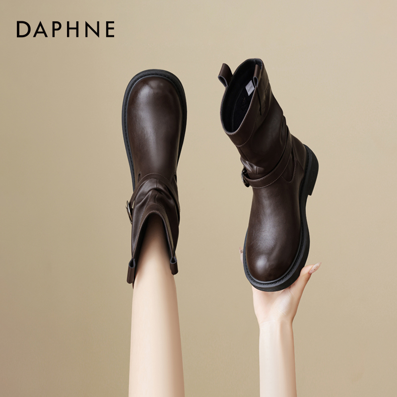 达芙妮厚底短靴女2025秋冬新款复古褶皱西部裤管堆堆靴棕色马丁靴