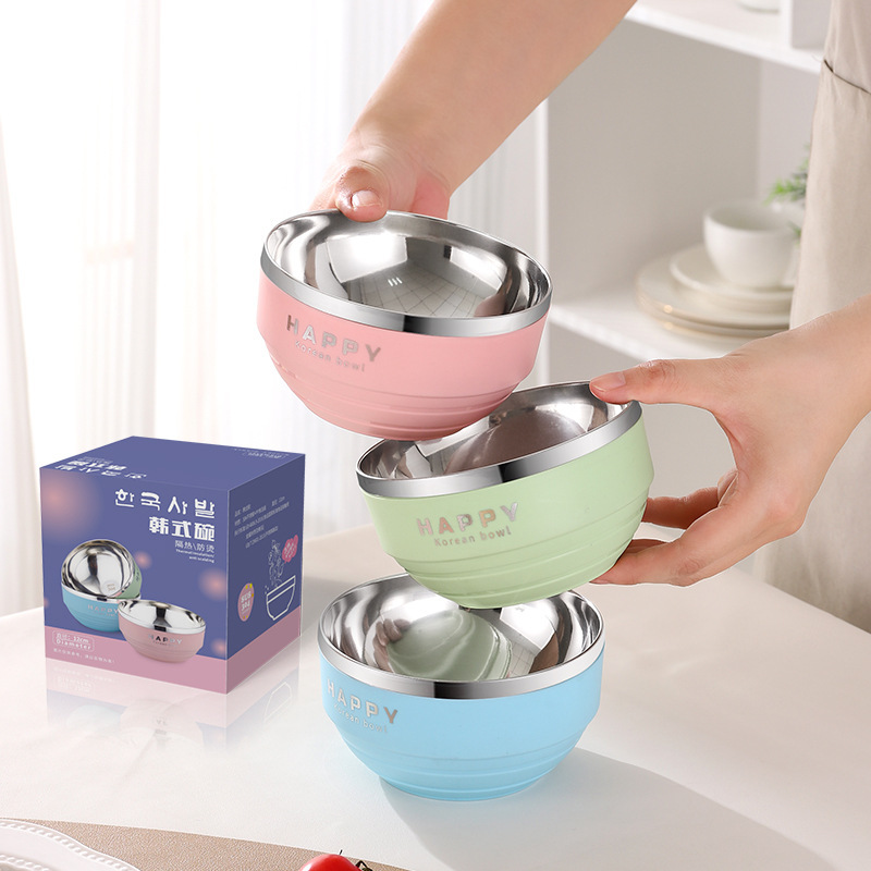 【3个装】不锈钢（口径12cm）马卡龙双层防烫碗拉面碗家用碗饭碗汤碗