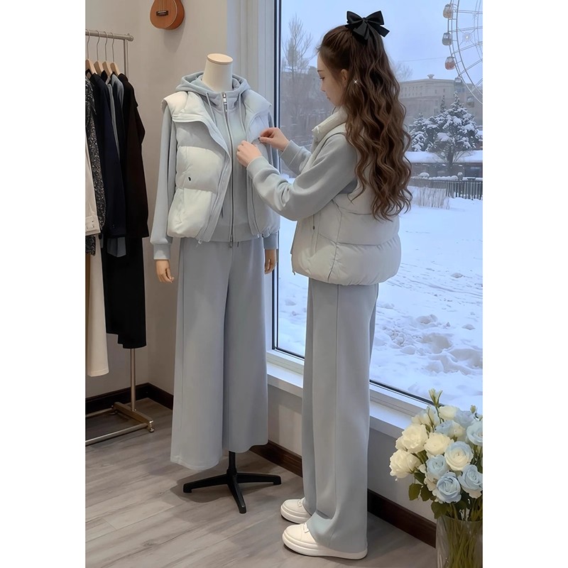 高级感棉服马甲连帽拉链宽松上衣高腰运动裤可甜可盐炸街三件套潮