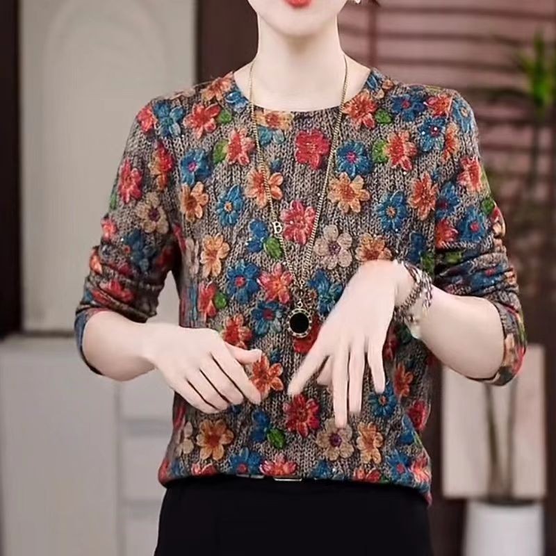2025秋冬季新款花色圆领长袖女时尚洋气妈妈奥绒打底小衫针织宽松